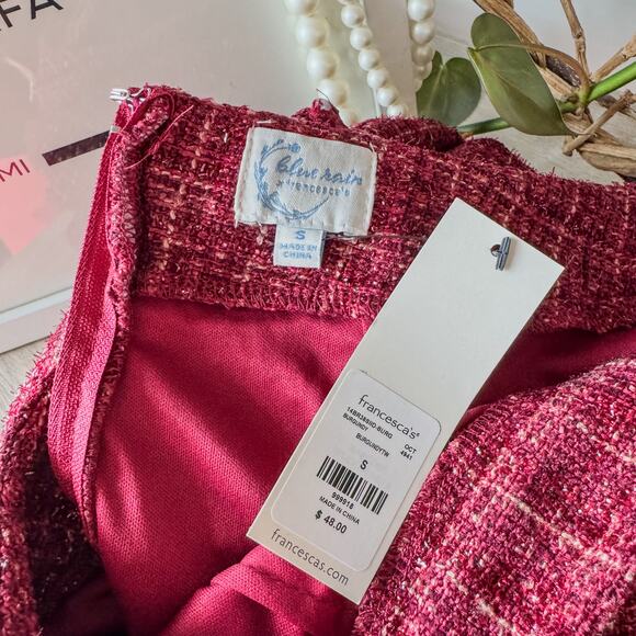 NWT-Blue Rain of Francesca’s-Clara Tweed Mini Skirt-Burgundy Red-Women’s Small - Picture 7 of 11
